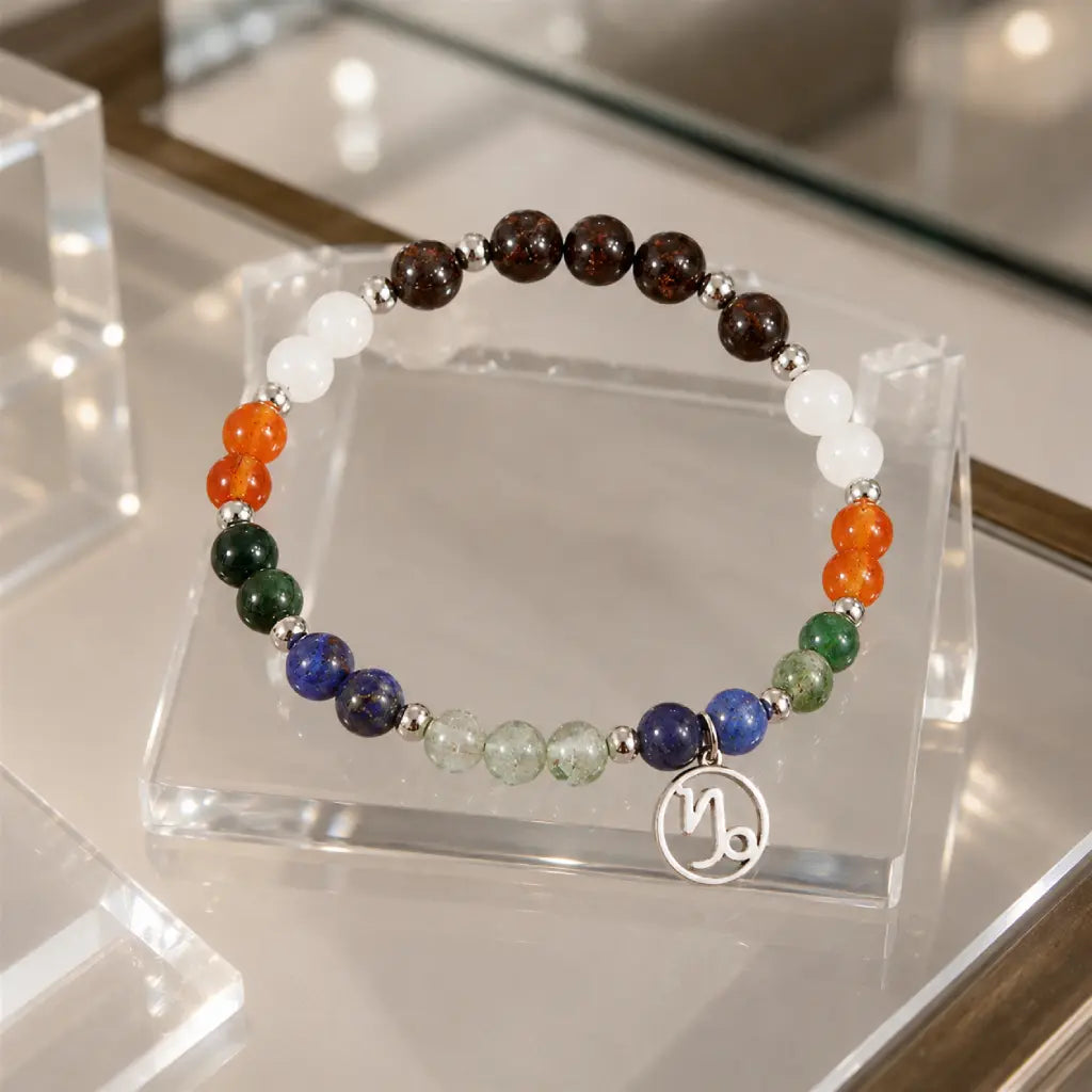 Capricorn zodiac bracelet close up featuring polished silver zodiac charm and gemstone beads for astrology jewelry collectors.