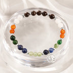 Capricorn zodiac gemstone bracelet displayed on clear crystal stand emphasizing healing stones and luxury jewelry appeal.