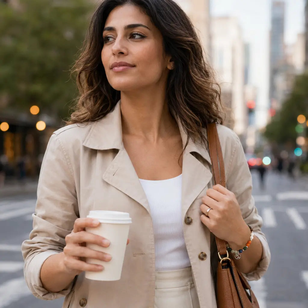 Capricorn zodiac crystal bracelet paired with urban fashion attire featuring natural gemstones for modern everyday elegance.