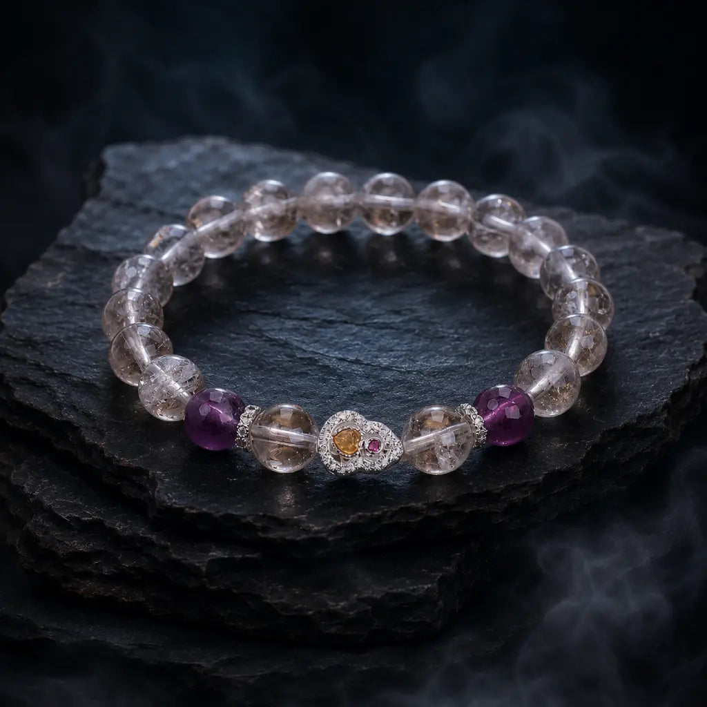 Healing crystal bracelet with gemstone beads displayed for calming energy balance and stylish wear