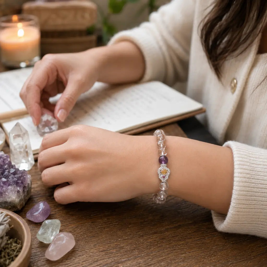Crystal bead bracelet worn during mindfulness rituals with healing gemstones for spiritual daily comfort