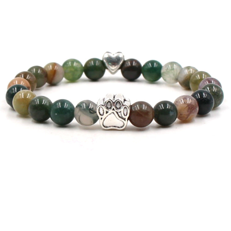 Dog paw stone bracelet with mixed multicolor beads, showing 8 mm round beads, a silver-color paw-print charm, a heart accent, and a circular unisex design for a clear product view.