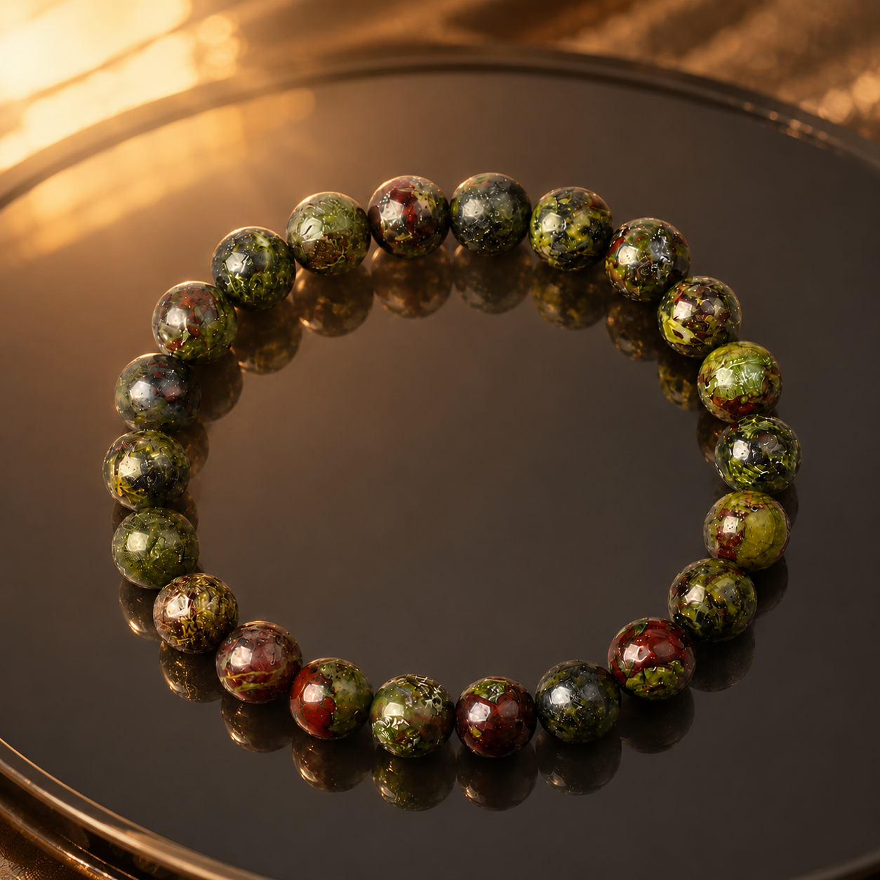 Dragon blood stone bracelet glowing under warm amber light on dark reflective tray, protection healing stone jewelry