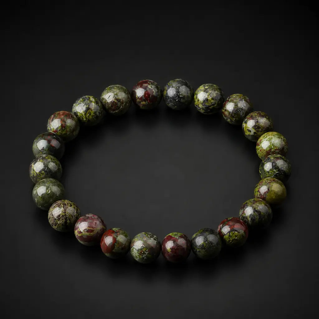 Dragon blood stone bracelet with diagonal spotlight on dark surface, vibrant green red crystal gemstone jewelry
