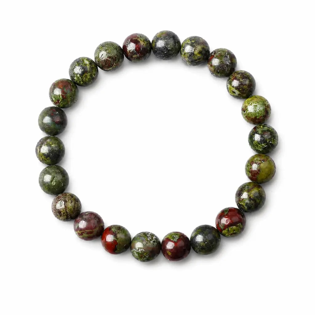 Dragon blood stone bracelet on white background, green red natural gemstone healing crystal stretch bracelet