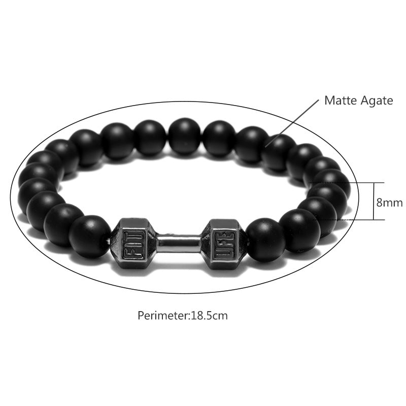 Dumbbell bracelet size guide showing matte black 8mm agate beads, an 18.5cm perimeter, and a gun-black FIT LIFT centerpiece in a labeled product diagram on white for fit reference.