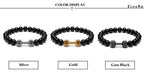 Dumbbell bracelet color display comparing silver-tone, gold-tone, and gun-black FIT LIFT centerpieces with the same matte black agate bead design on a white layout for easy review.