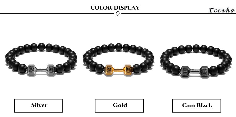 Dumbbell bracelet color display comparing silver-tone, gold-tone, and gun-black FIT LIFT centerpieces with the same matte black agate bead design on a white layout for easy review.