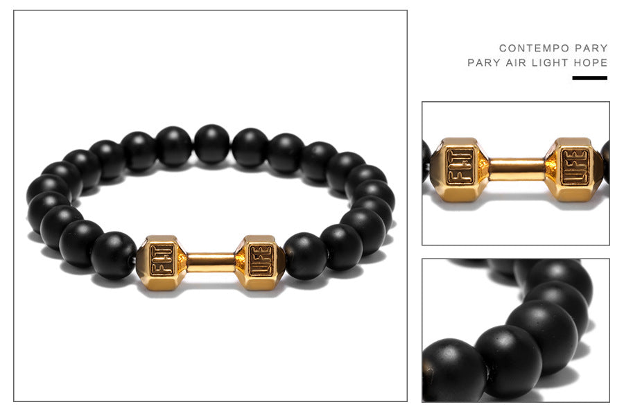 Dumbbell bracelet collage featuring matte black agate beads and a gold-tone FIT LIFT centerpiece, with close-up panels that show the engraved ends and matte bead surface in detail.