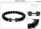 Dumbbell bracelet product display with matte black agate beads and a gun-black FIT LIFT centerpiece, plus close-up panels of the engraved dumbbell and smooth bead surfaces clearly.