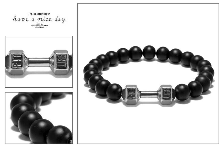 Dumbbell bracelet collage featuring matte black agate beads and a silver-tone FIT LIFT centerpiece, with close-up panels that show the engraved ends and matte bead surface clearly.