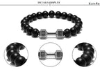 Dumbbell bracelet detail display with matte black agate beads and a silver-tone FIT LIFT centerpiece, including close views of the faceted dumbbell ends and the smooth bead finish.