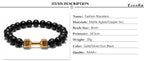 Dumbbell bracelet specification graphic showing matte black 8mm agate beads, an 18.5cm perimeter, 20g weight, and gold, silver, or gun-black FIT LIFT centerpiece choices in detail.
