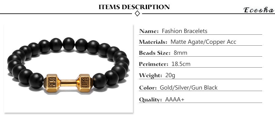 Dumbbell bracelet specification graphic showing matte black 8mm agate beads, an 18.5cm perimeter, 20g weight, and gold, silver, or gun-black FIT LIFT centerpiece choices in detail.
