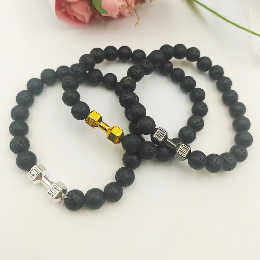 Volcanic Stone Dumbbell Bracelet for Men with Alloy Charm