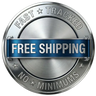 Metallic badge with 'Fast Tracked Free Shipping No Minimums' text on a white background