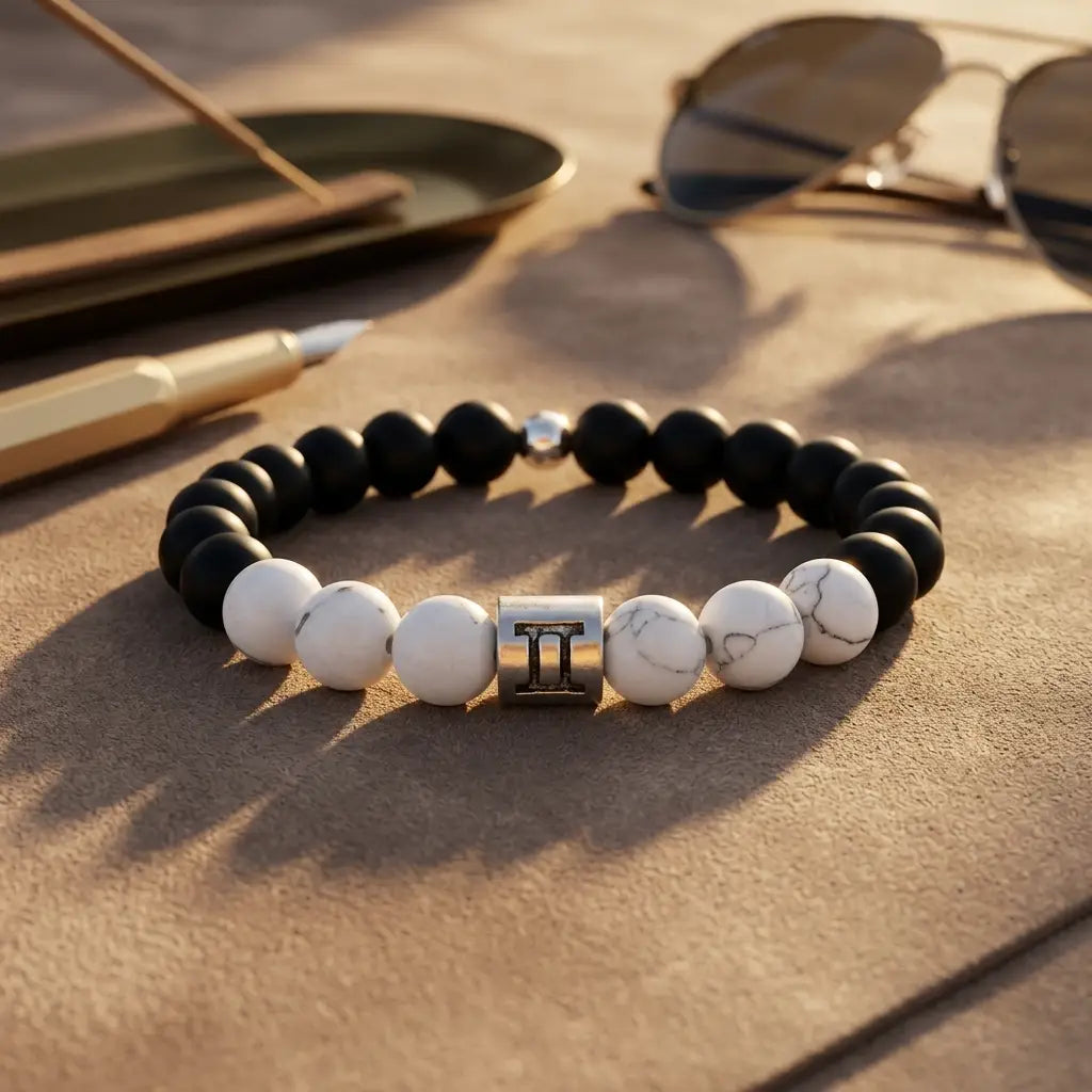 Gemini bracelet with matte onyx, white howlite beads, and silver twins charm styled with sunglasses for smart gifting
