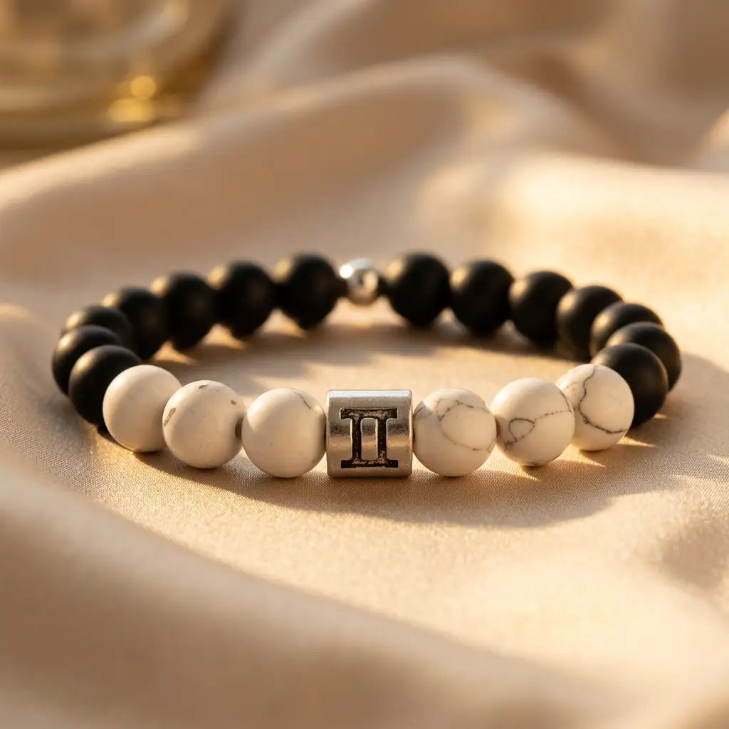 Gemini bracelet on satin with matte onyx, white howlite beads, and silver twins charm for bright luxury gift appeal