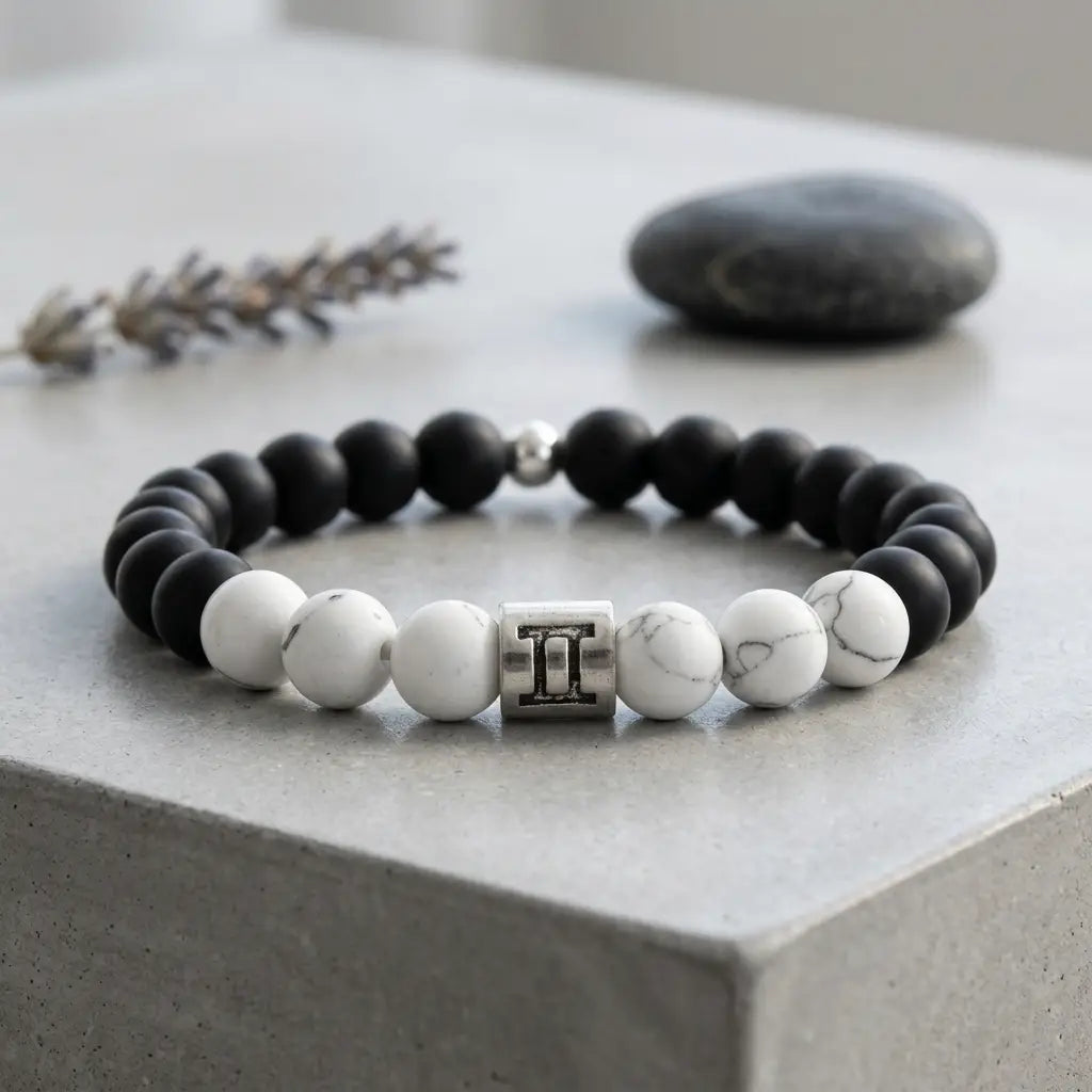 Gemini bracelet on gray stone with black onyx, white howlite beads, silver charm, and lavender for daily calm focus