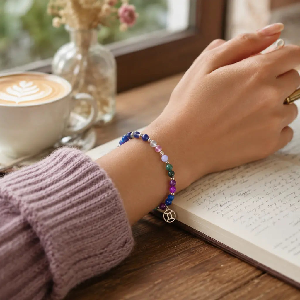 Gemini zodiac beaded bracelet with multicolor stones and silver charm. Best horoscope jewelry for June birthdays. Balance your twin sign energy now.