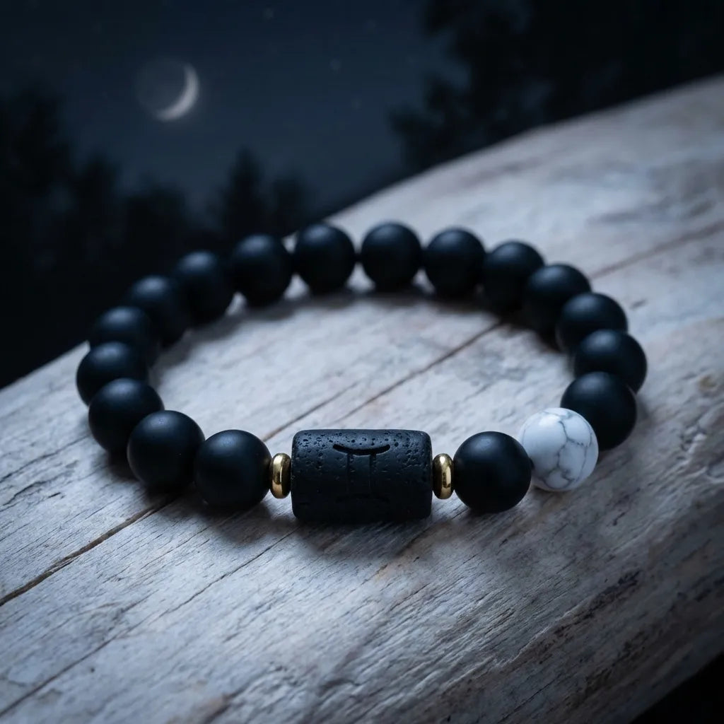 Gemini Zodiac Bracelet with black matte beads under moonlight, astrology jewelry piece for calm energy and stylish wear