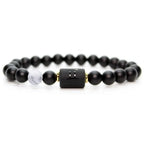 Gemini Zodiac Bracelet isolated on white background with black beads and marble accent, minimalist astrology jewelry for clean modern style