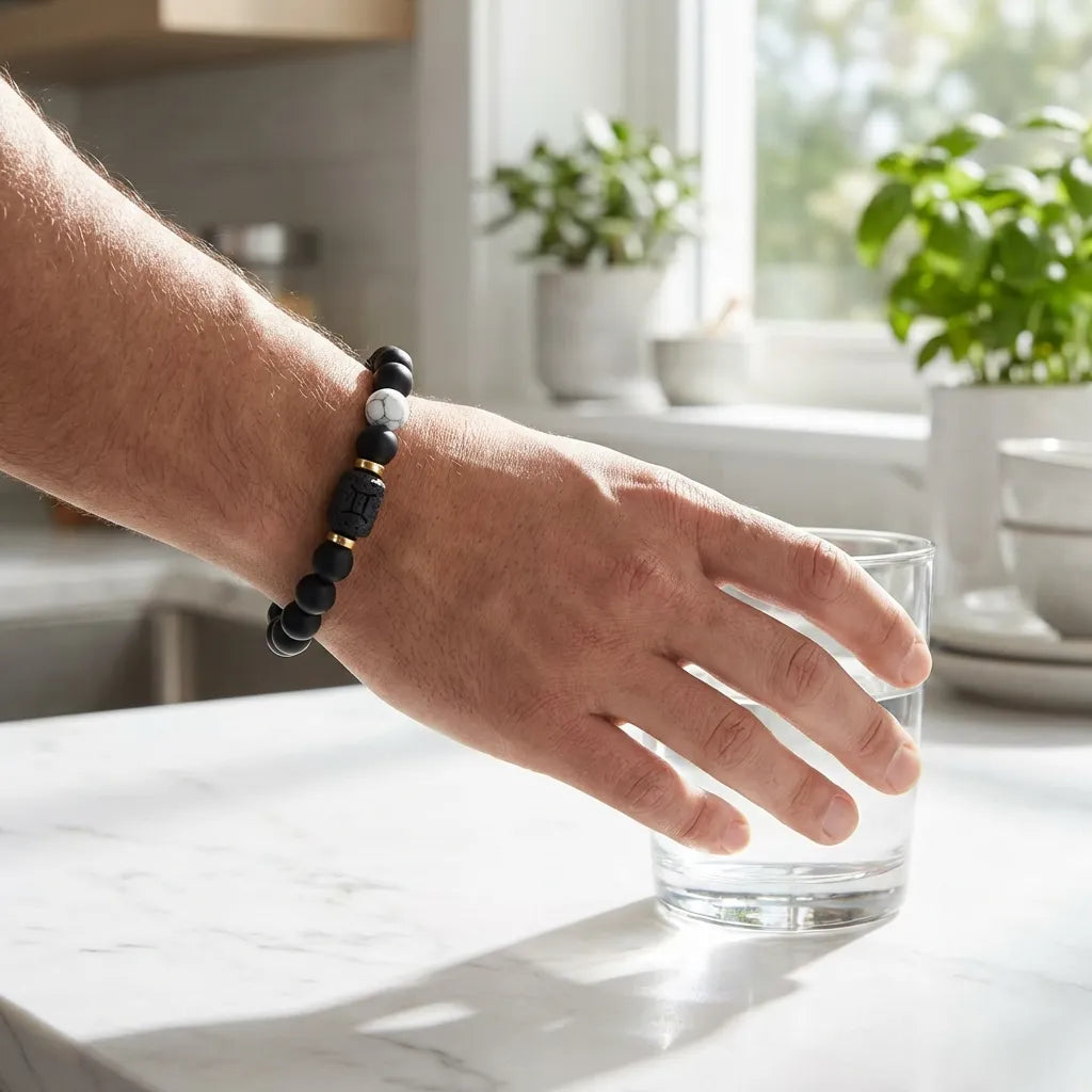 Gemini Zodiac Bracelet on wrist reaching for glass, minimalist black bead astrology jewelry for daily wear and modern lifestyle appeal