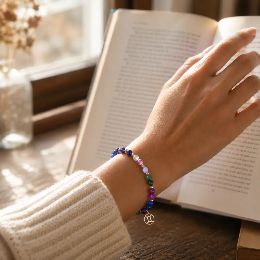 Hand wearing a colorful beaded gemini bracelet with a book in the background