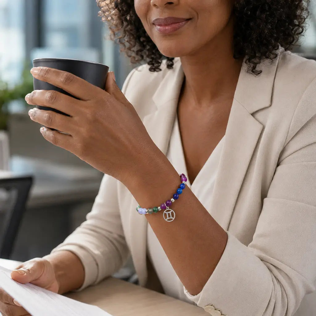 Woman holding a black mug with a colorful gemini bracelet on her wrist, sitting indoors.