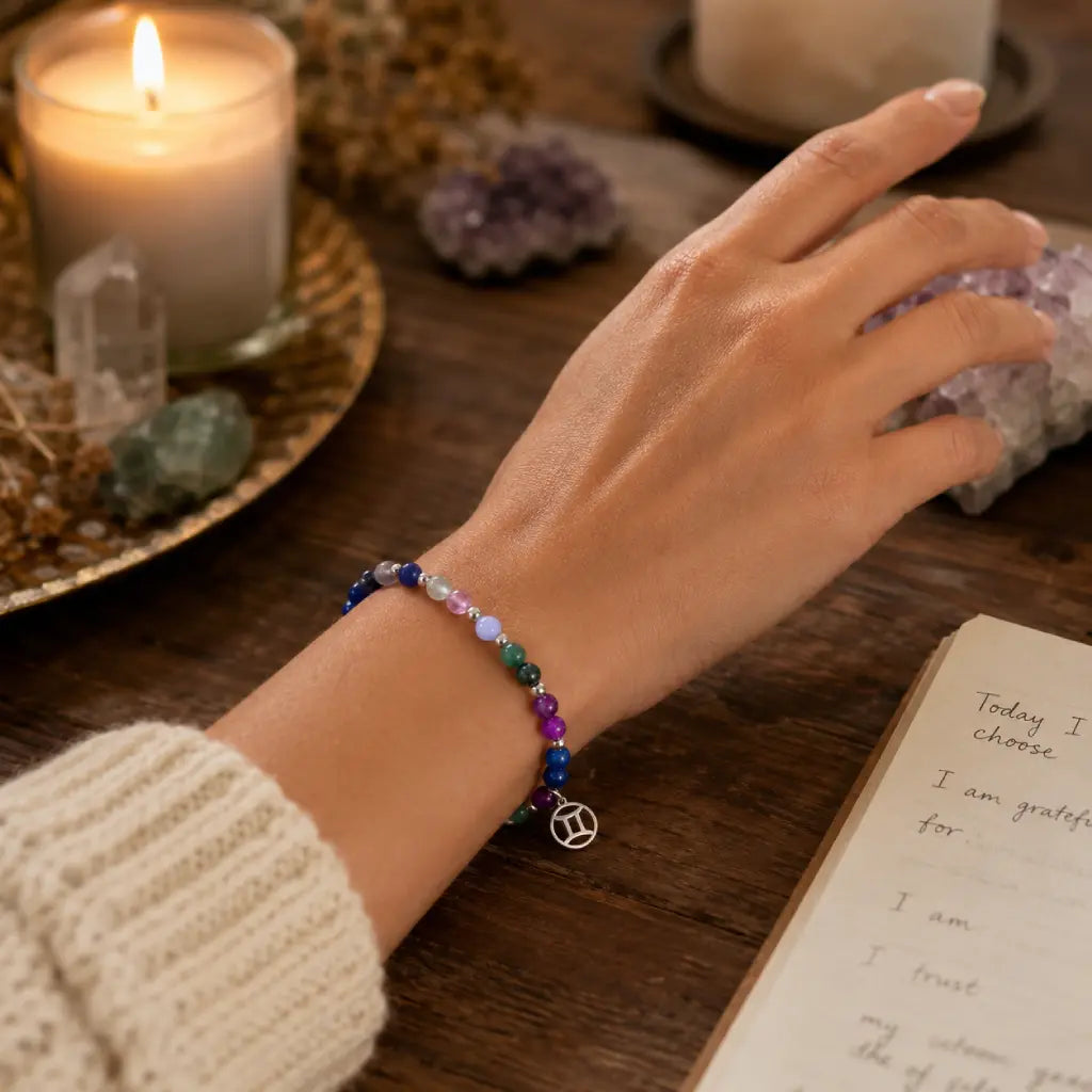Hand wearing a colorful beaded gemini bracelet on a wooden surface with a candle and crystals in the background.