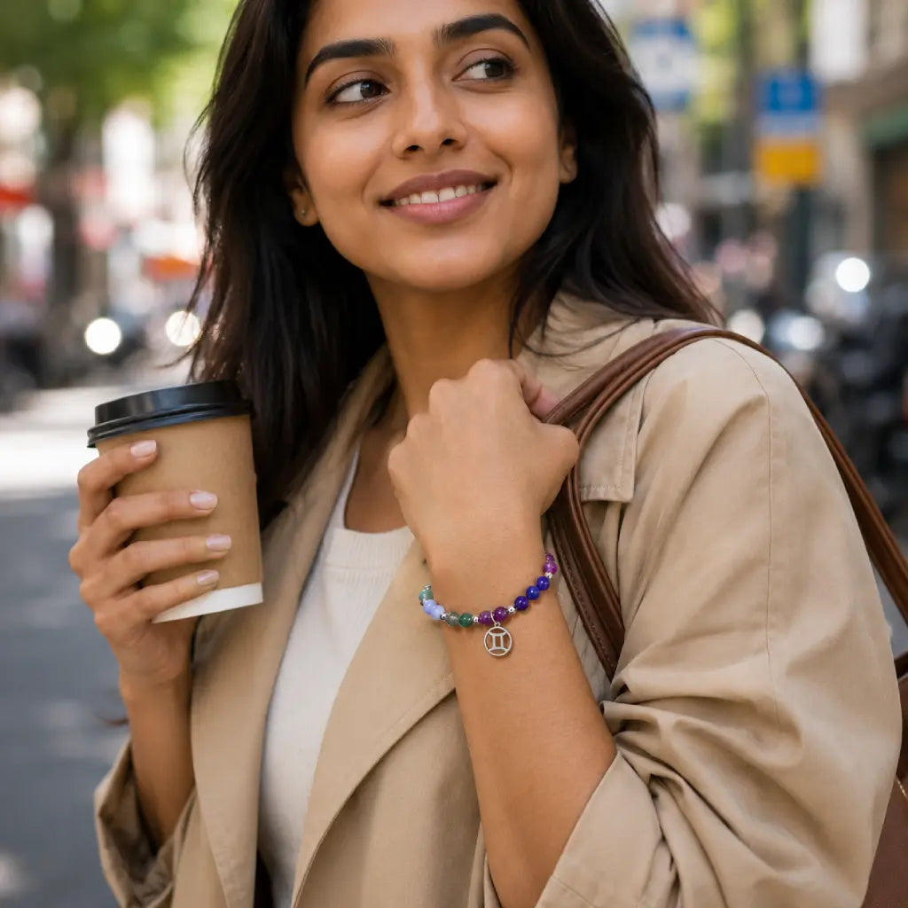 Woman holding a coffee cup and smiling on a city street wearing a gemini zodiac bracelet
