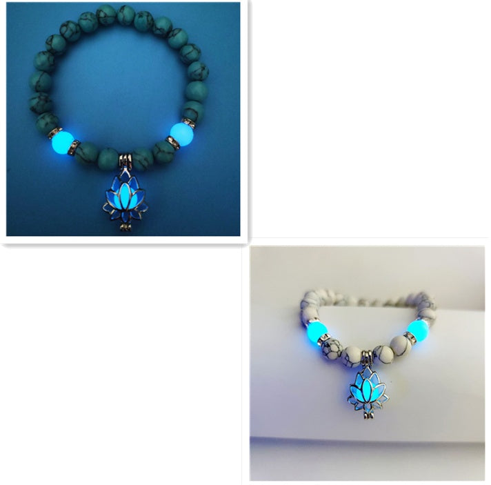 Glow in the dark lotus bracelet style chart with blue-green and pale bead options, with 8 mm real-stone beads, elastic fit, a silver-color lotus, and light-charged accents at dusk.