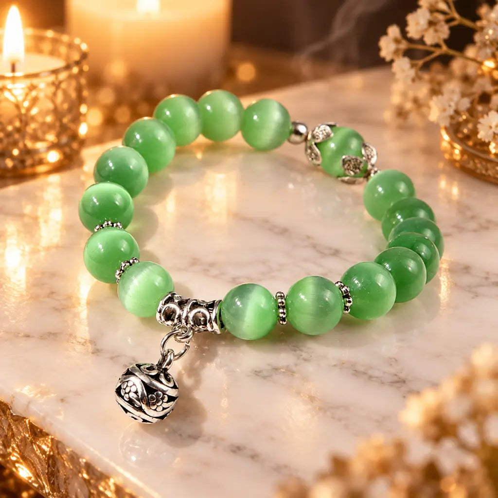 Green catseye bracelet with glossy green beads and decorative silver charm, photographed by candlelight for a luxurious look.