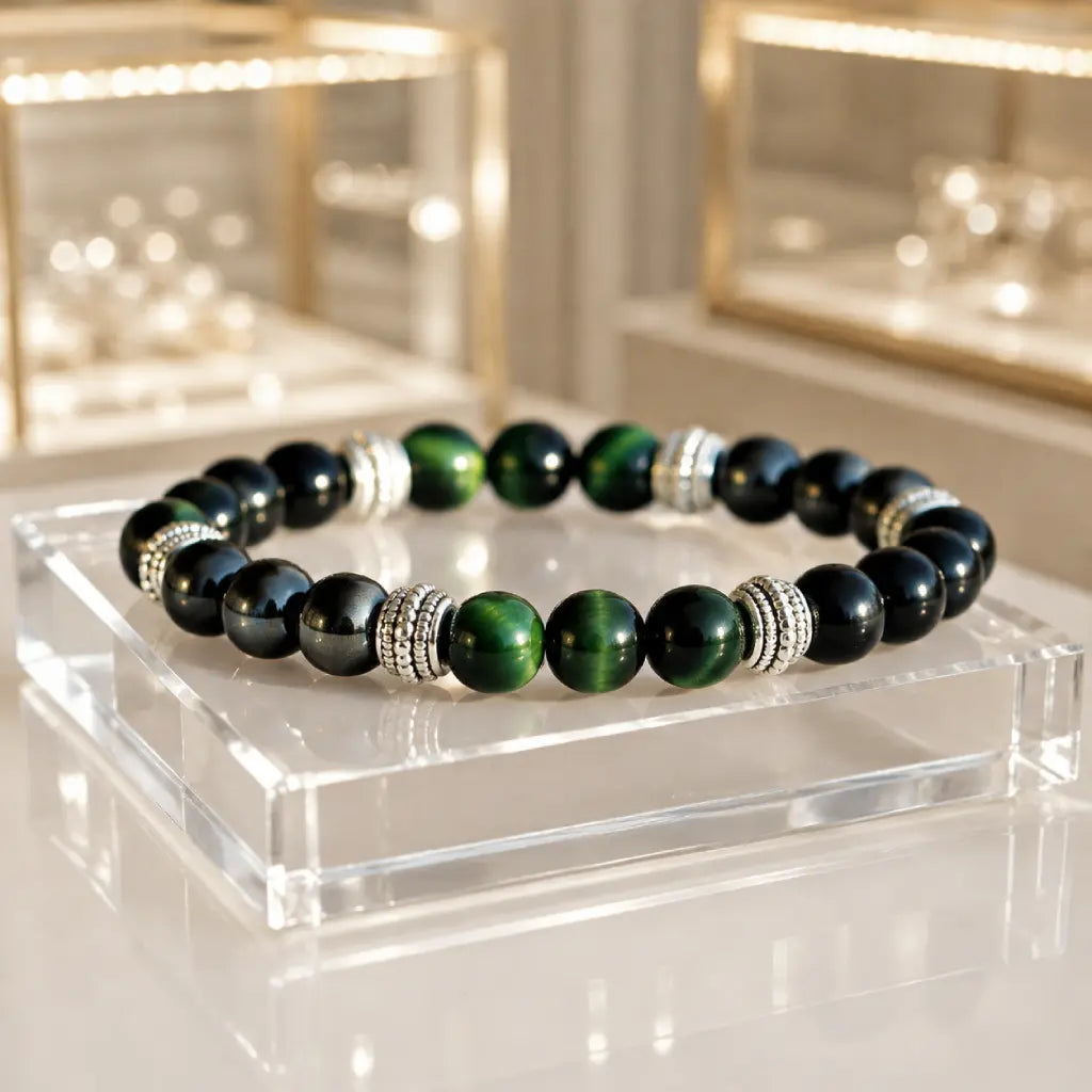 Green tigereye bracelet showcasing polished green gemstone beads with silver details for modern style