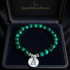 Green tigereye Buddha bracelet in black satin jewelry box, QuietMoonBeads premium meditation healing stone gift