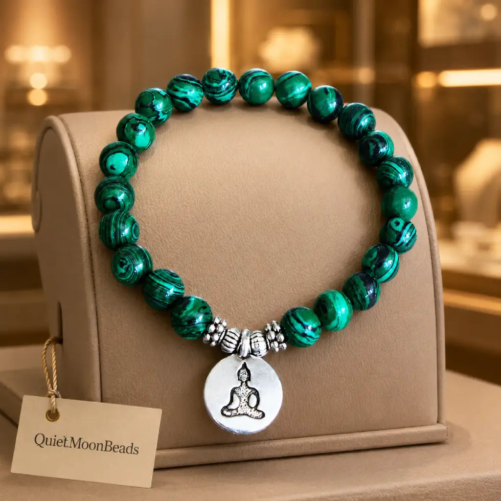 Green tigereye Buddha bracelet under glass dome on marble stand, premium spiritual healing jewelry QuietMoonBeads