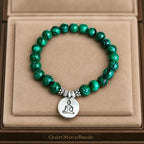 Green tigereye Buddha bracelet in tan suede gift box, swirled stone meditation charm jewelry by QuietMoonBeads