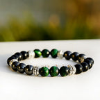 Green tigereye bracelet with polished green gemstone beads and black hematite stones for elegant energy style
