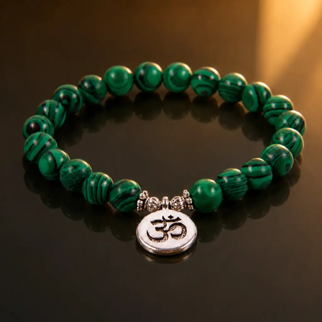 Green tigereye gemstone bracelet displayed on dark reflective surface with polished Om charm details