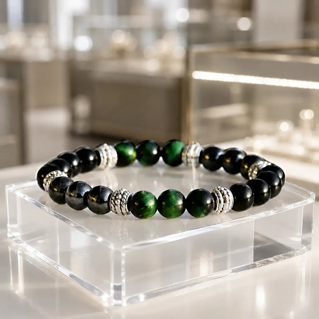 Green tigereye bracelet with glossy gemstone beads displayed elegantly for healing crystal jewelry use