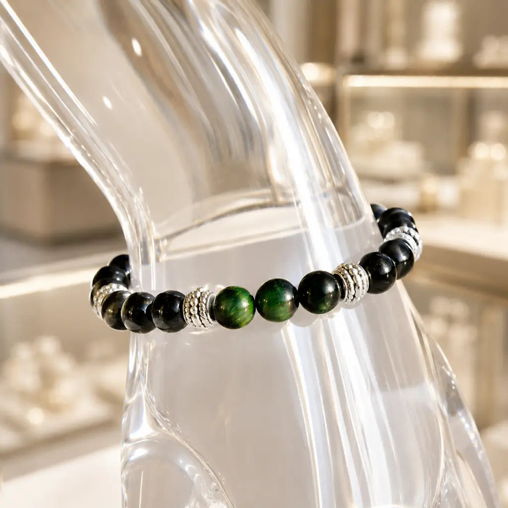 Green tigereye bracelet worn on wrist with glossy gemstone beads and healing crystal appeal for daily wear