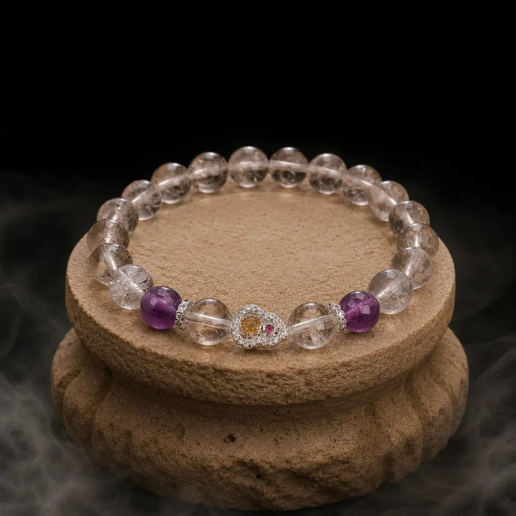 Amethyst crystal bracelet worn outdoors with healing gemstone beads creating peaceful everyday elegance