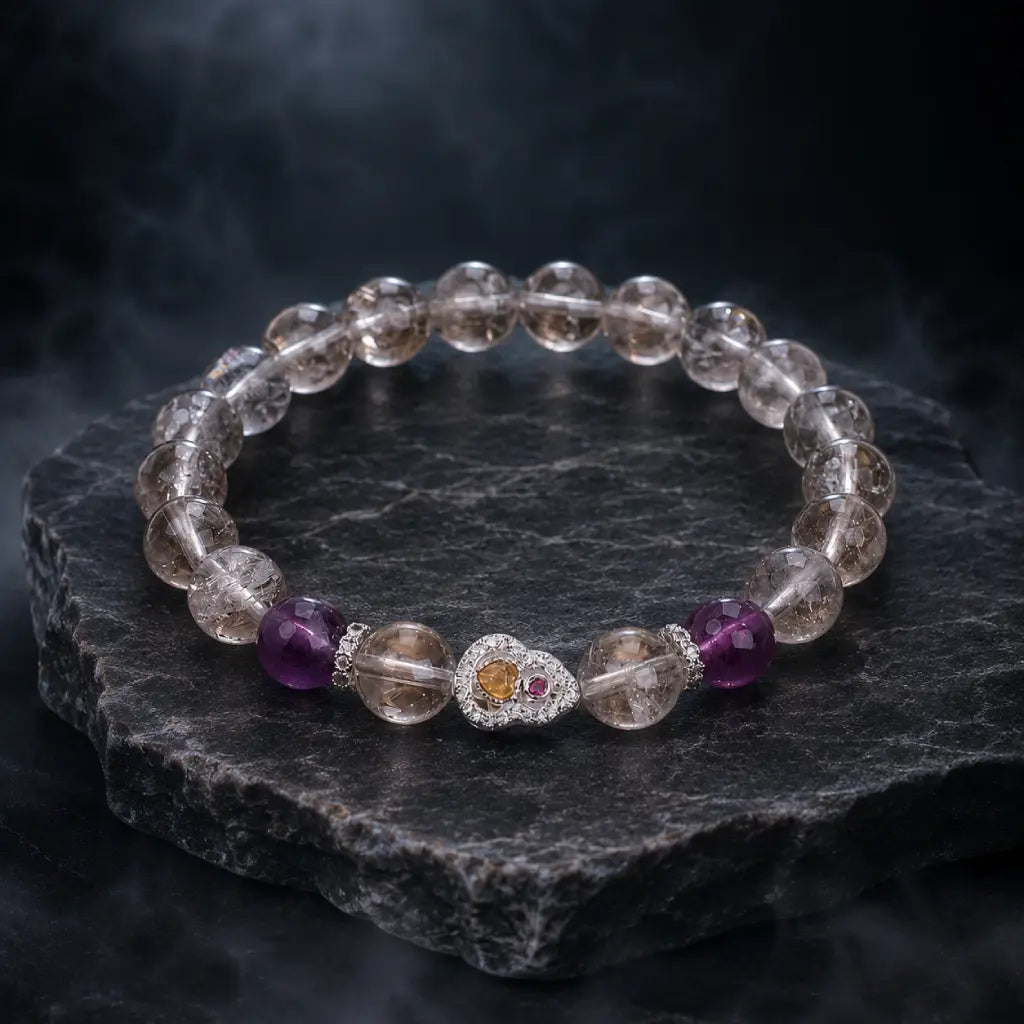 Amethyst crystal bracelet on natural stone display highlighting healing gemstone beauty and calm energy