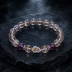 Healing crystal bracelet worn during yoga practice with amethyst stones supporting balance and relaxation