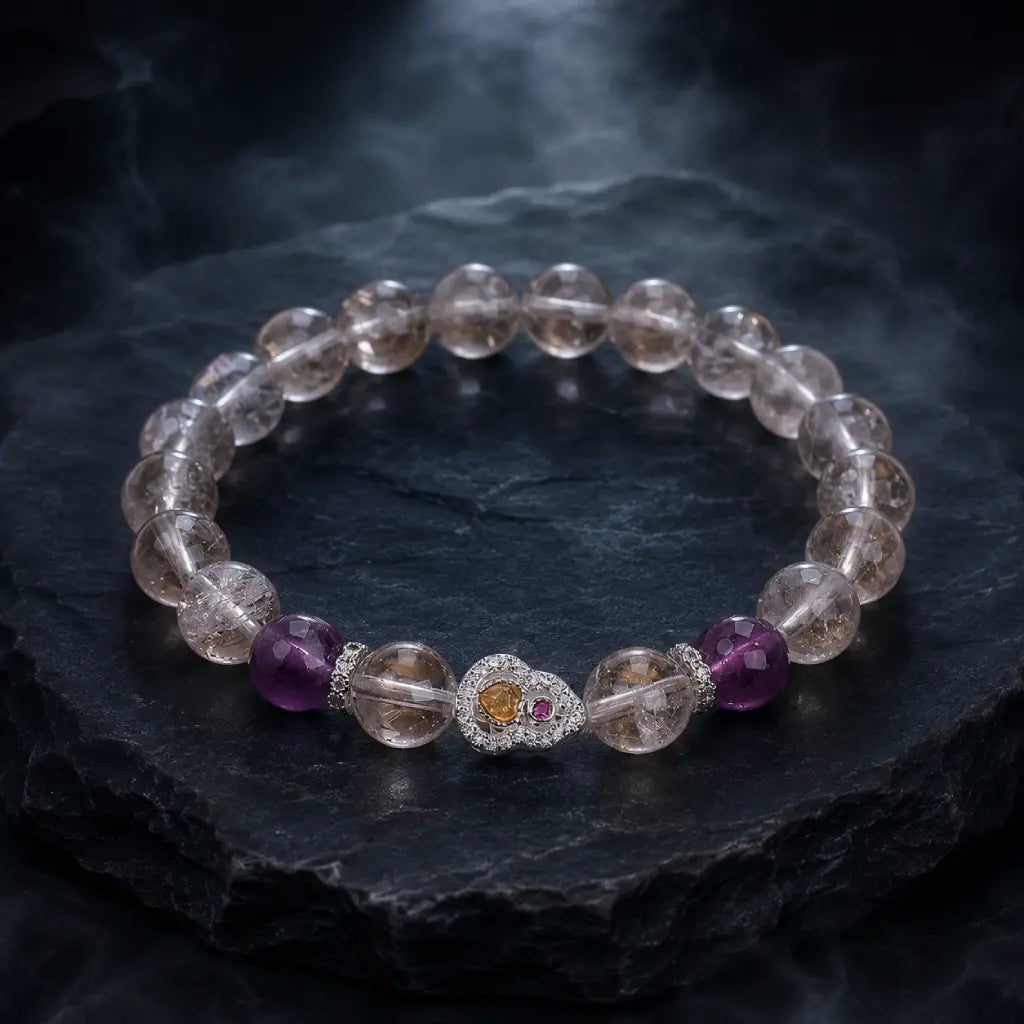 Healing crystal bracelet worn during yoga practice with amethyst stones supporting balance and relaxation