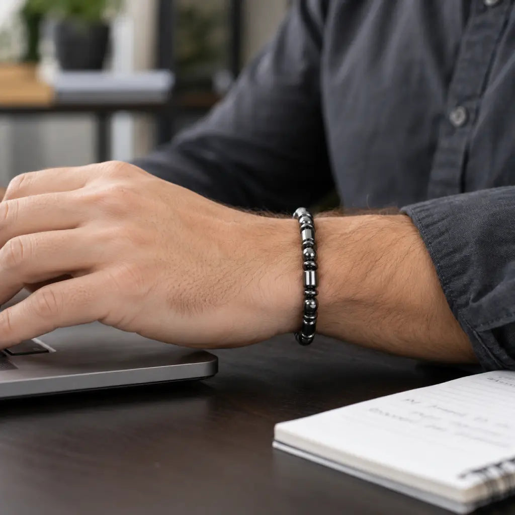 Hematite bracelet worn during laptop work delivering modern gemstone jewelry and daily style versatility
