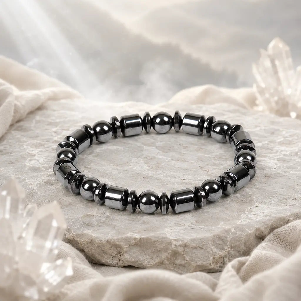 Hematite bracelet with glossy black crystal beads on wood surface, healing accessory for elegant wellness style