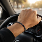 Hematite bracelet worn while driving with polished crystal beads, stylish healing accessory for confident daily wear