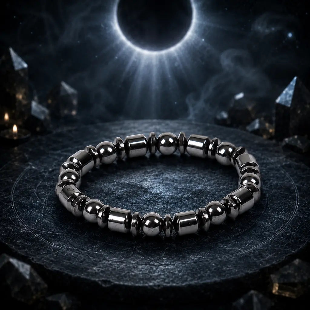 Hematite bracelet with polished gemstone beads on stone display, grounding jewelry for calming energy use