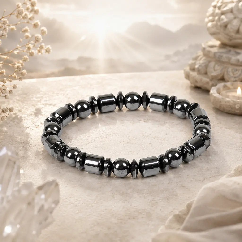 Hematite bracelet displayed beneath mystical lighting, healing crystal accessory for strong grounding energy